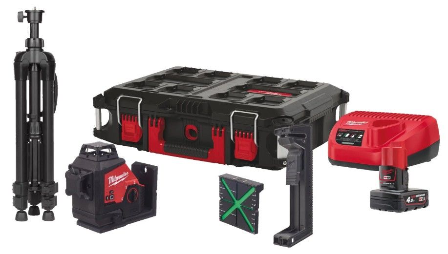 Milwaukee M12 3PLSKIT-401P M12™ zöld 360°-os 3 síkú lézer (1 x 4.0 Ah Li-ion akkuval, PACKOUT™ kofferben) termék fő termékképe