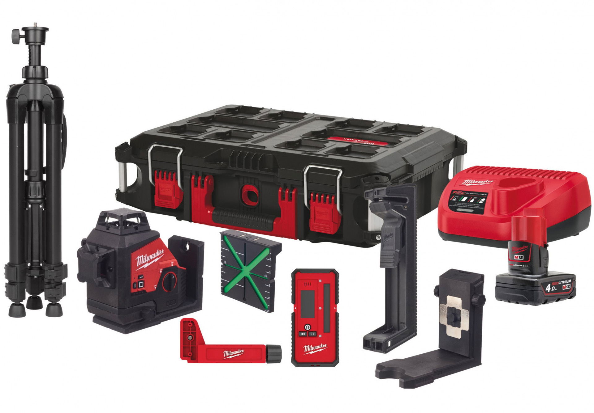 Milwaukee M12 3PLKIT-401P akkus 360° 3 síkú lézer, zöld (1 x 4.0 Ah Li-ion akkuval, PACKOUT™ kofferben)  (PROMO) termék fő termékképe