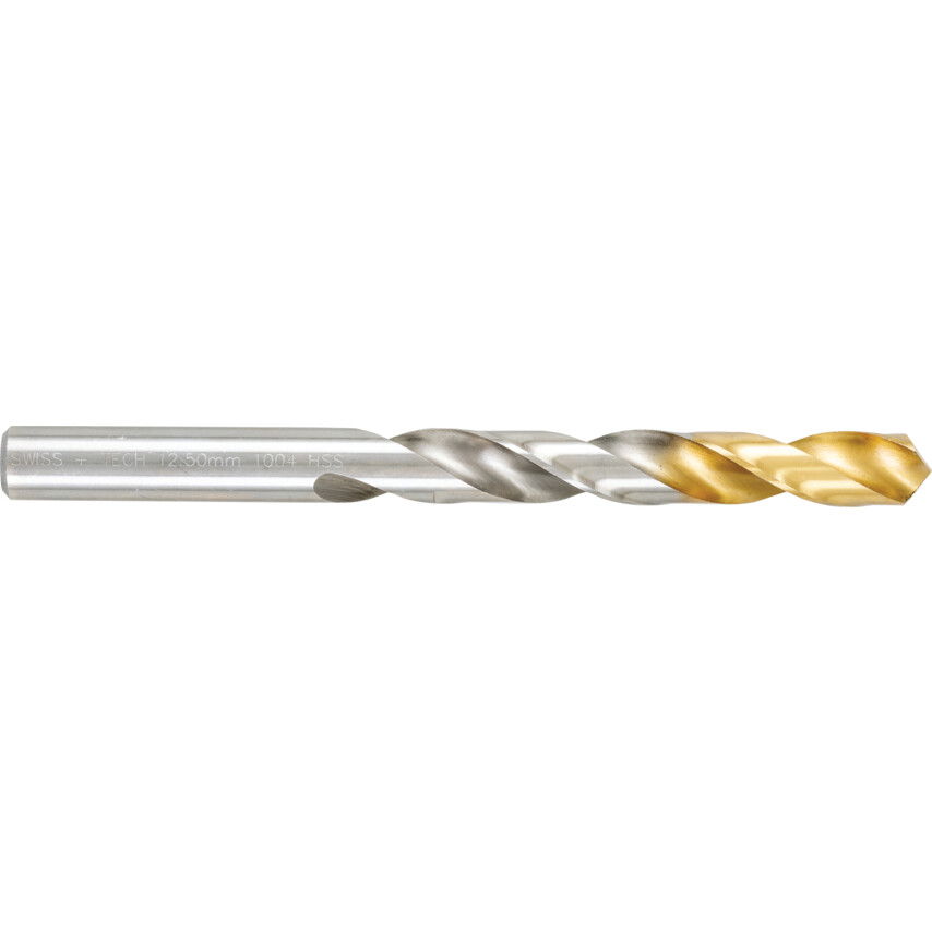 SwissTech 12.50MM NORMÁL HOSSZÚ FÉNYES HSS CSIGAFÚRÓ TIN BEVONATÚ HEGGYEL termék fő termékképe