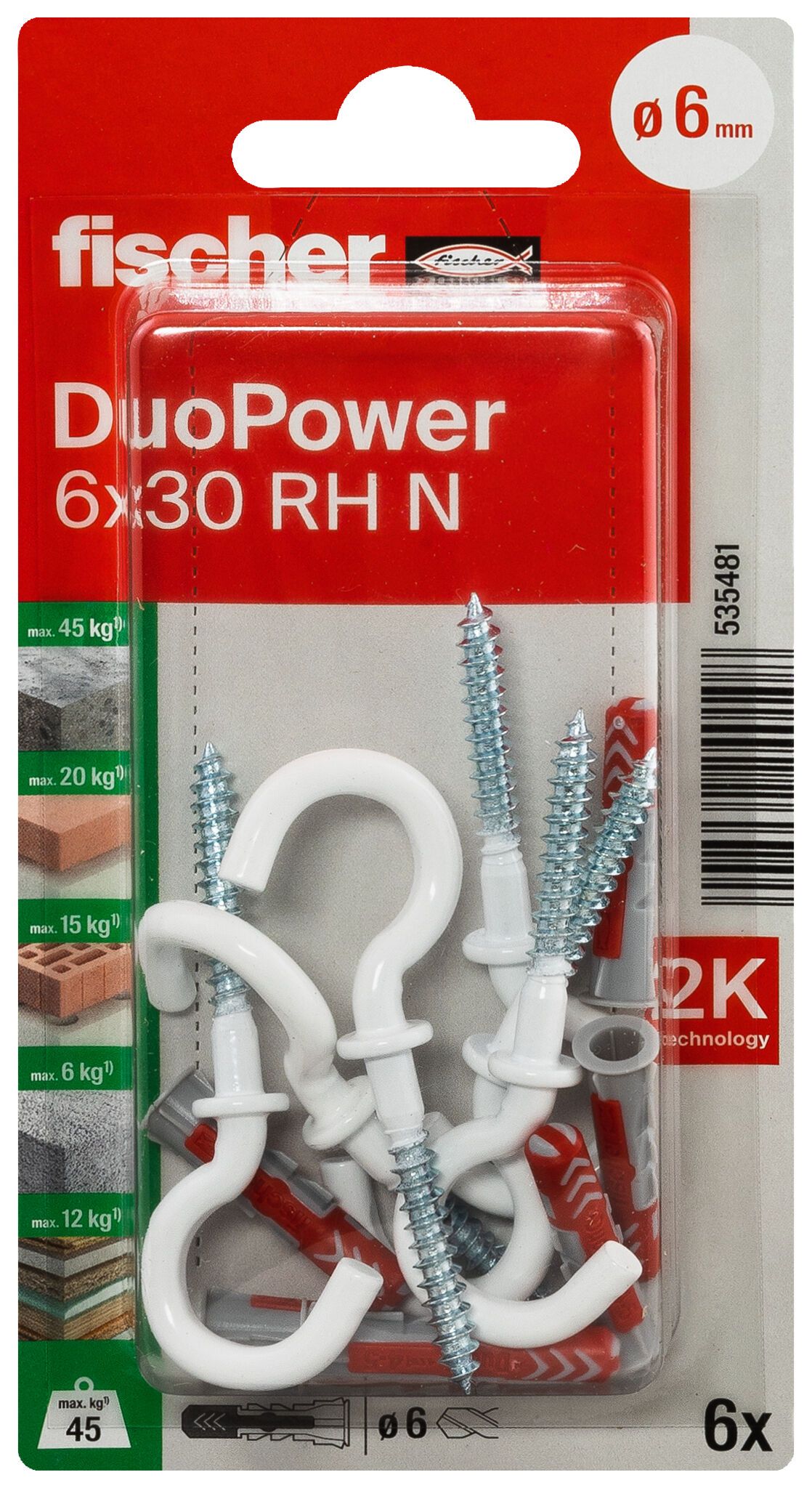 Fischer DuoPower kétkomponensű nylon dübel 6 x 30 RH N K - körkampóval, nylon bevonattal, bliszteres, 6 db/csomag termék fő termékképe