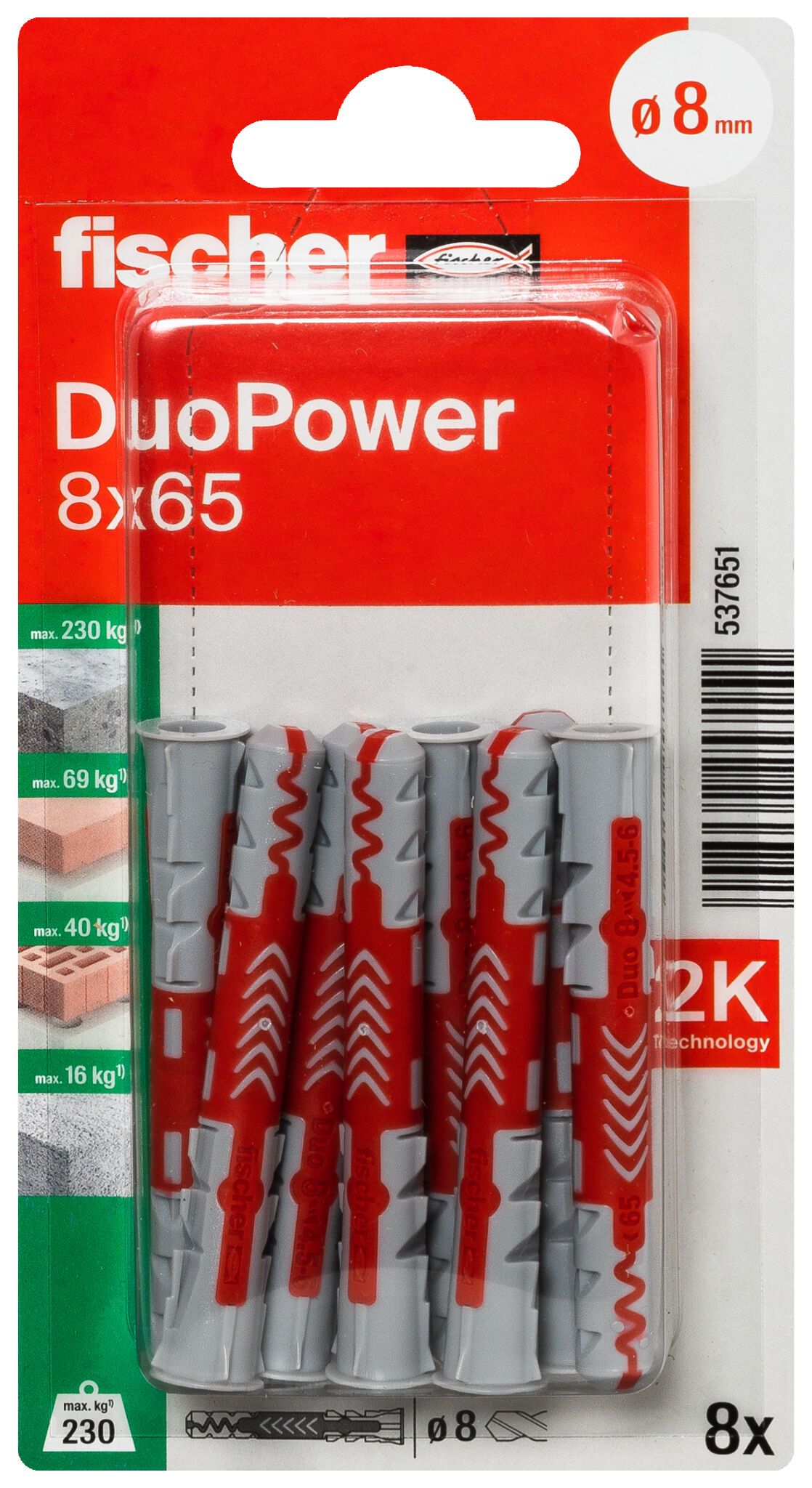 Fischer DuoPower kétkomponensű nylon dübel 8 x 65 K - csavar nélkül, bliszteres, 8 db/csomag termék fő termékképe